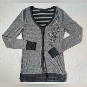 Miss Me Gray and White Striped Lightweight Cardigan with Y2K Graphic